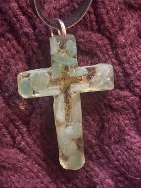 Resin Cross Pendant w/green stone  with Gold Leaf Accents